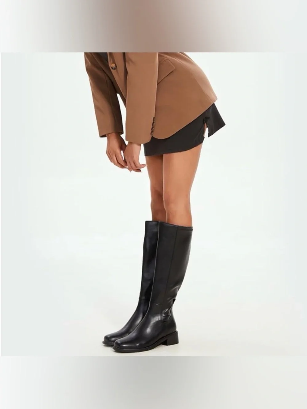QIY Knee High Faux Leather Elastic Square Toe Side Zipper Fall Long Tall Boots